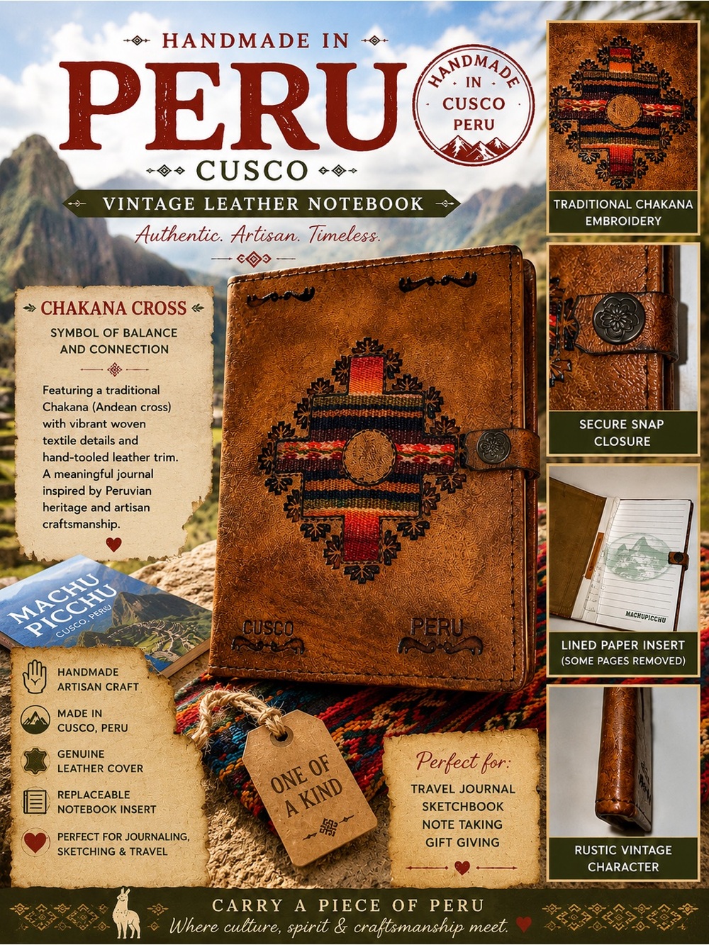 Vintage Handmade Cusco Peru Leather Notebook Journal Chakana Cross Folk Art